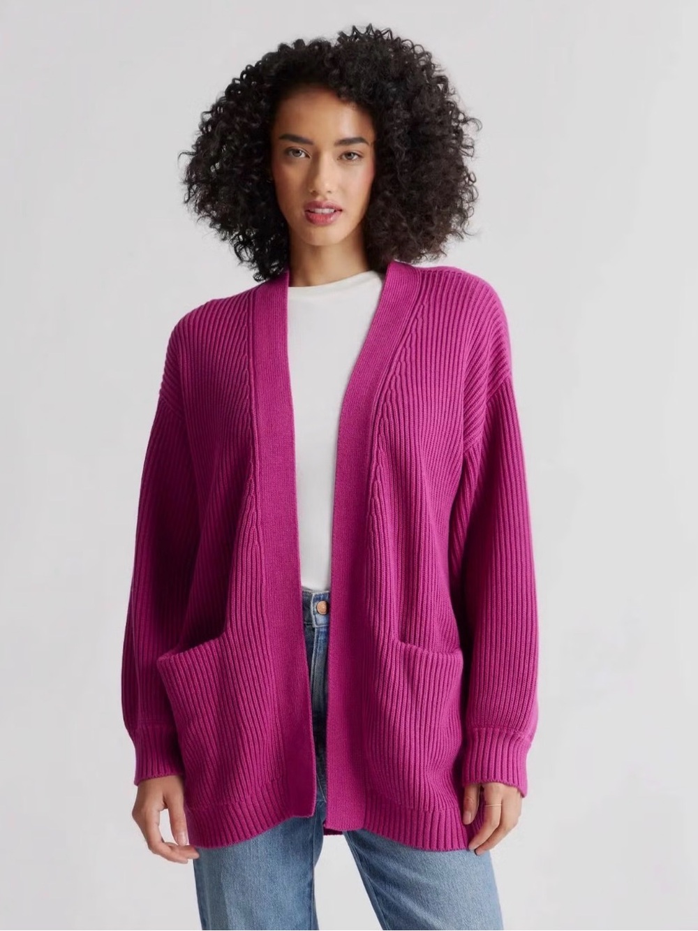 Quince | 100% Organic Cotton Open Front Cardigan | XS | Magenta